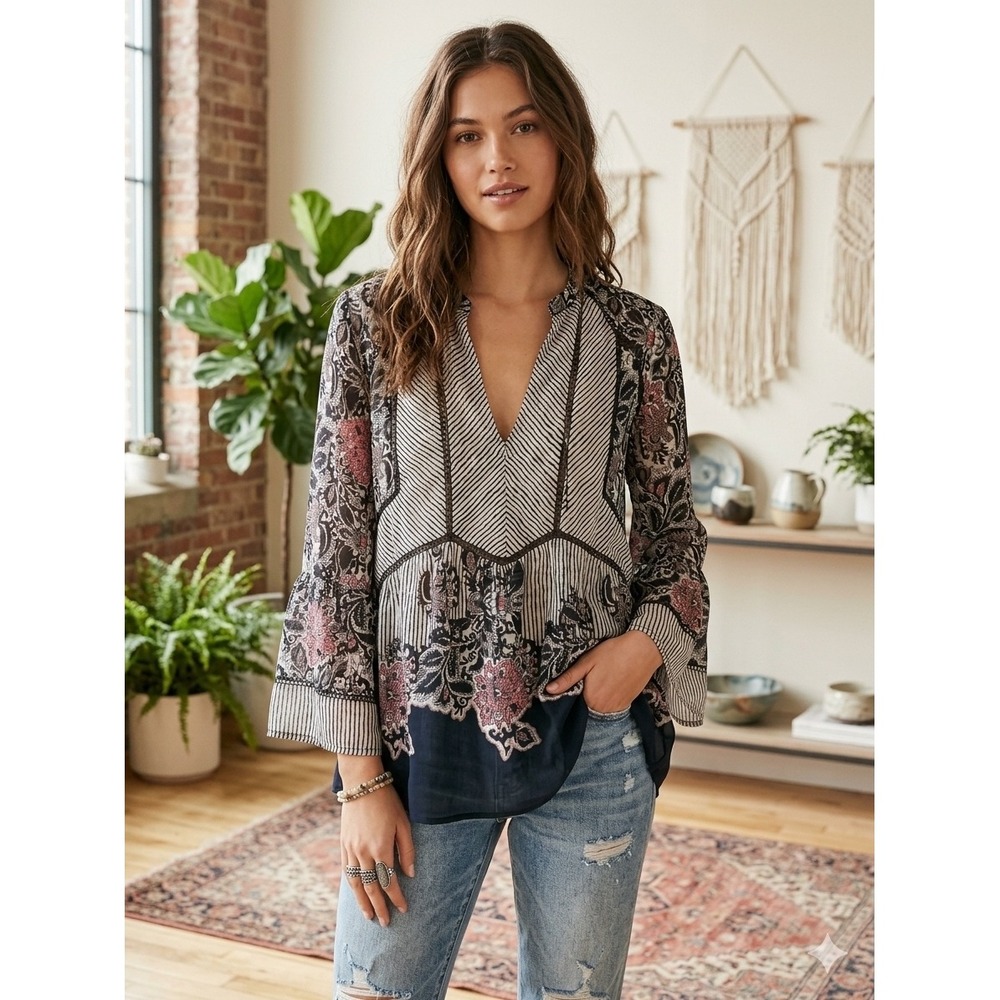 Lucky Brand Womens Floral Striped Lace Trim Boho Babydoll Blouse Pink Black M